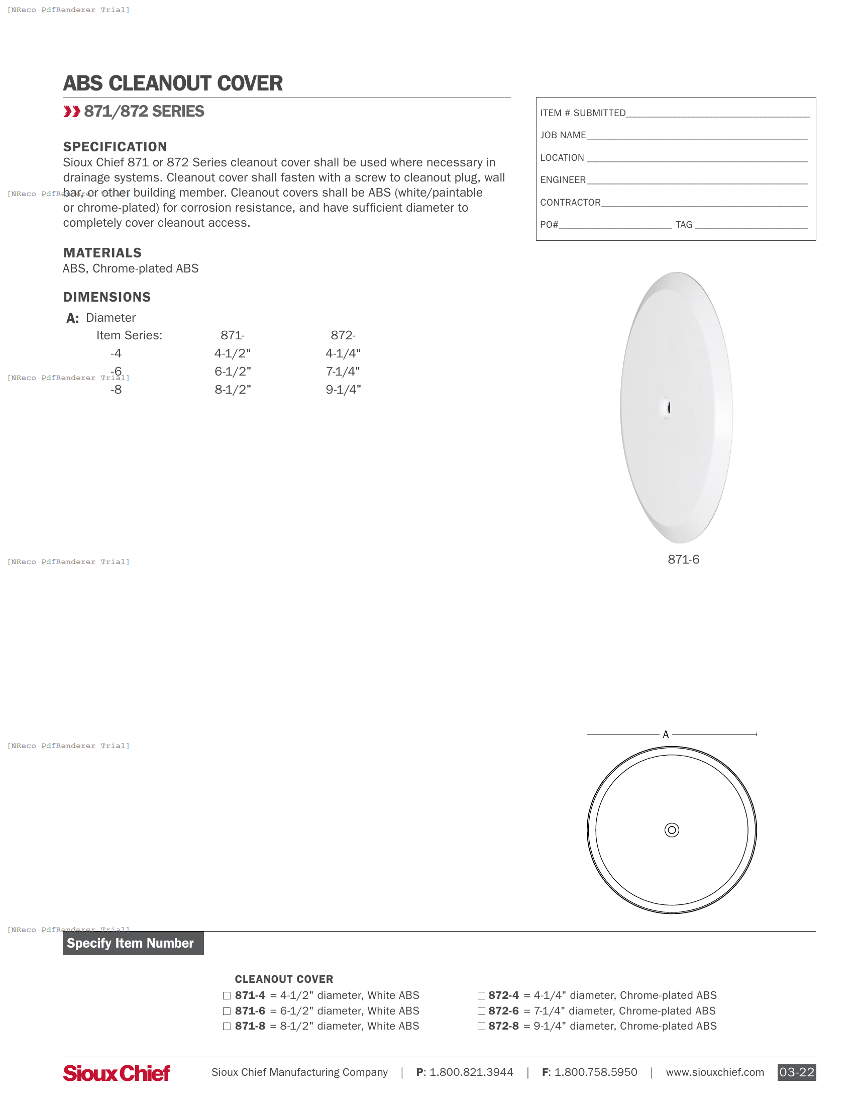 871-872 SERIES - ABS CLEANOUT COVER - SPEC SHEET.PDF Specification Document